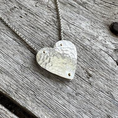 Argentium Silver Big Riveted Heart Pendant Necklace copyright chisholm trail designs 2025