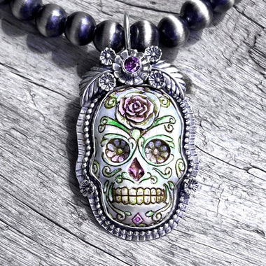 La Catrina Sugar Skull Pendant Set In Sterling Silver with Purple Faceted Stone copyright chisholm trail designs 2025