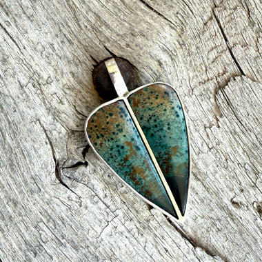 Morning Dew Jasper Split Heart Sterling Silver Pendant copyright chisholm trail designs 2025