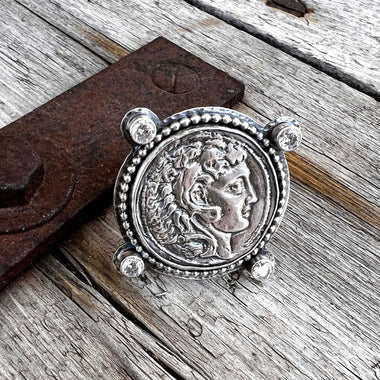 Alexander the Great Coin Ring with Clear Cubic Zirconia