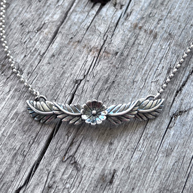 Sterling Silver Flower and Feather Necklace copyright chisholm trail designs 2025