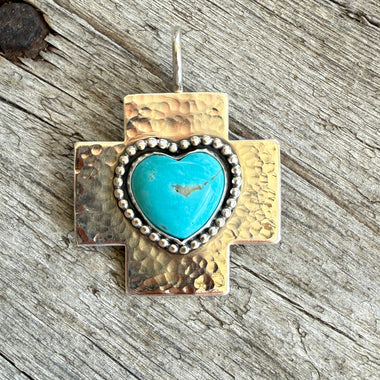 Sterling silver Cross with Kingman Turquoise Heart Pendant copyright chisholm trail designs 2025