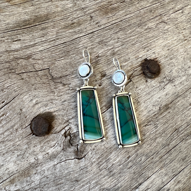chisholm trail designs Blue Opal Stone with Mother of Pearl Cabochon Dangle Earrings set in Argentium Silver