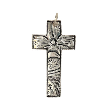 Argentium Silver Cross Pendant with Tooled Leather Texture copyright chisholm trail designs 2025