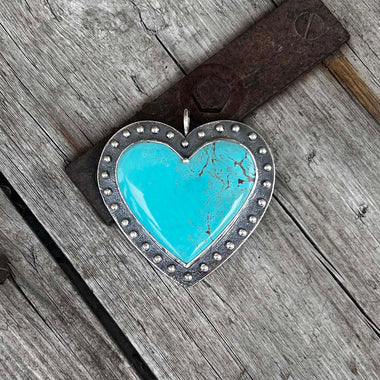 Big Heart Shaped Kingman Turquoise Pendant Argentium Silver copyright chisholm trail designs 2025