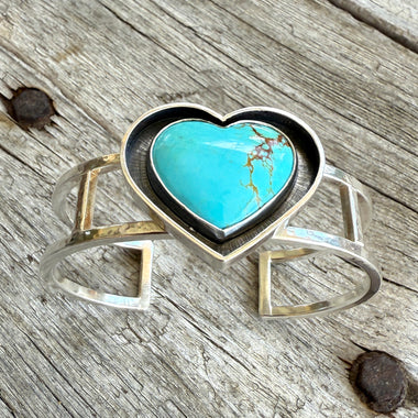 Kingman Turquoise Heart Sterling Silver Cuff Bracelet copyright Chisholm trail designs 2025