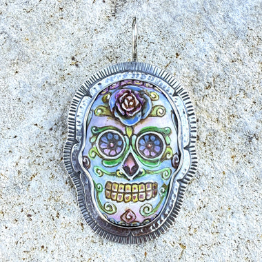 La Catrina Sugar Skull Hand Painted Skeletal Skull Set in Sterling Silver Pendant copyright chisholm trail designs 2025