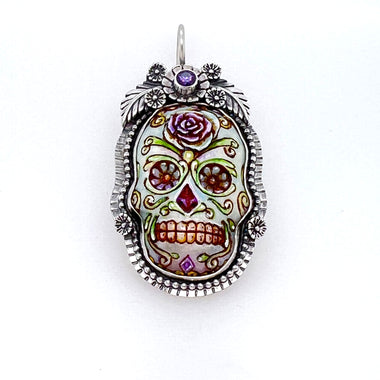 Sugar Skull Sterling Silver Handpainted Pendant Jewelry