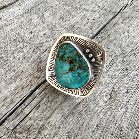 Cripple Creek Turquoise Cabochon Sterling Silver Ring Size 8.5