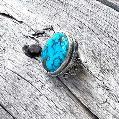 Royston Turquoise Ring Set in Sterling Silver with Flower Accents copyright chisholm trail designs 2025