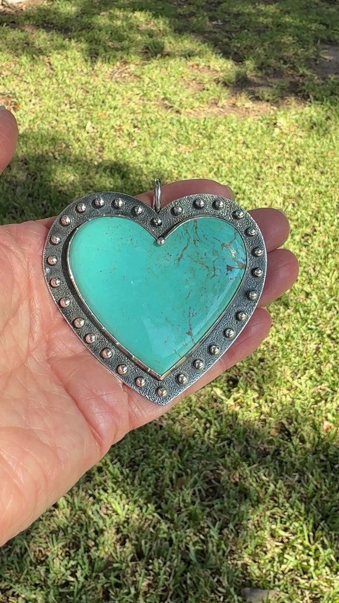 Big Heart Shaped Kingman Turquoise Pendant Argentium Silver