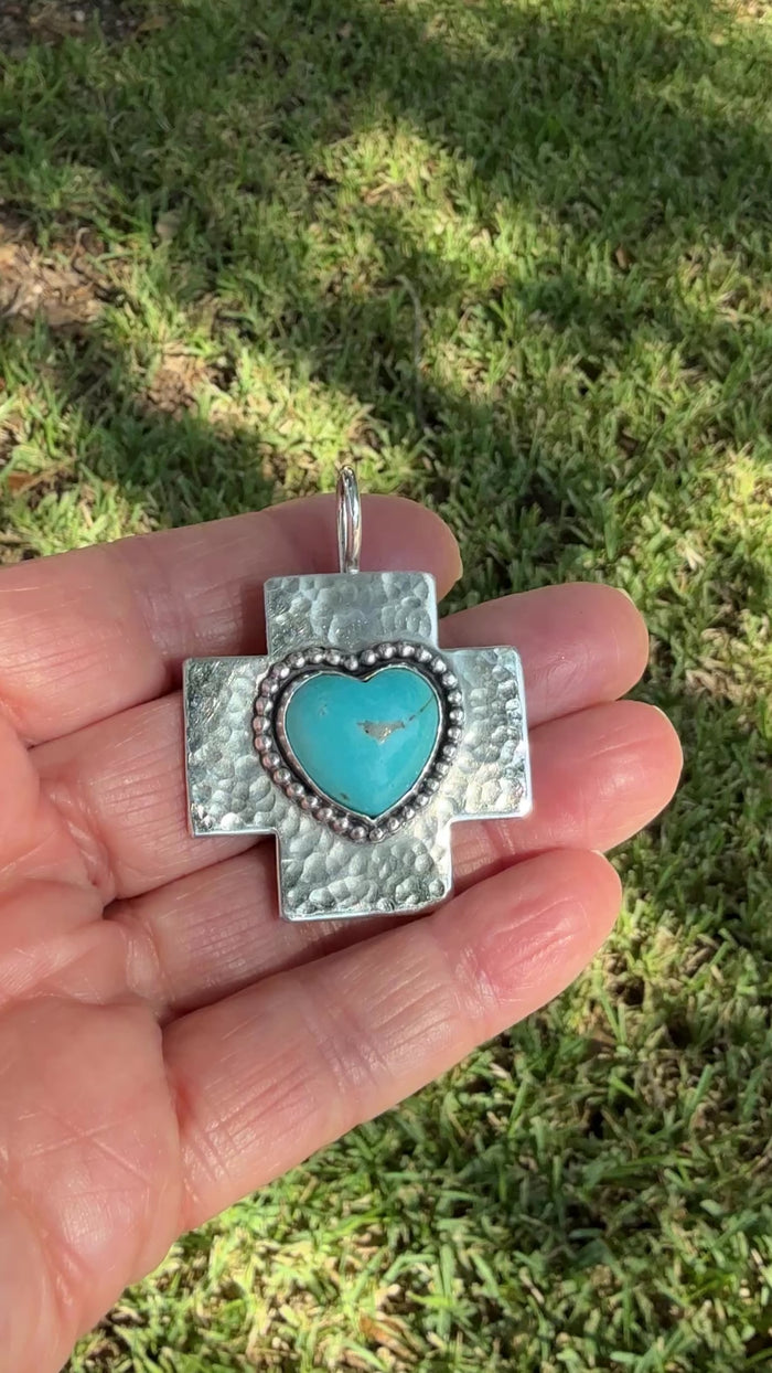 Sterling silver Cross with Kingman Turquoise Heart Pendant copyright chisholm trail designs 2025