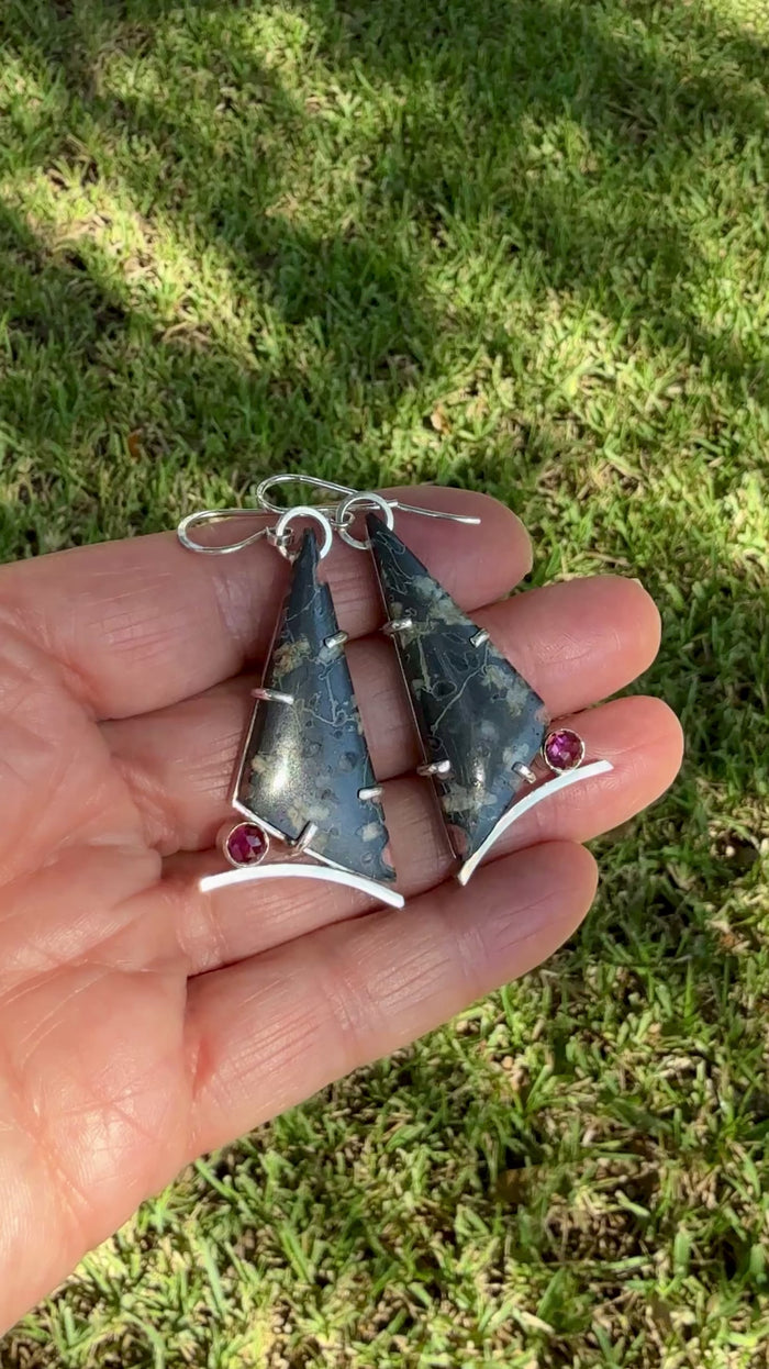 Sterling Silver Plum Blossom Jasper with Rhodolite Faceted Garnets Earrings copyright chisholm trail designs 2025