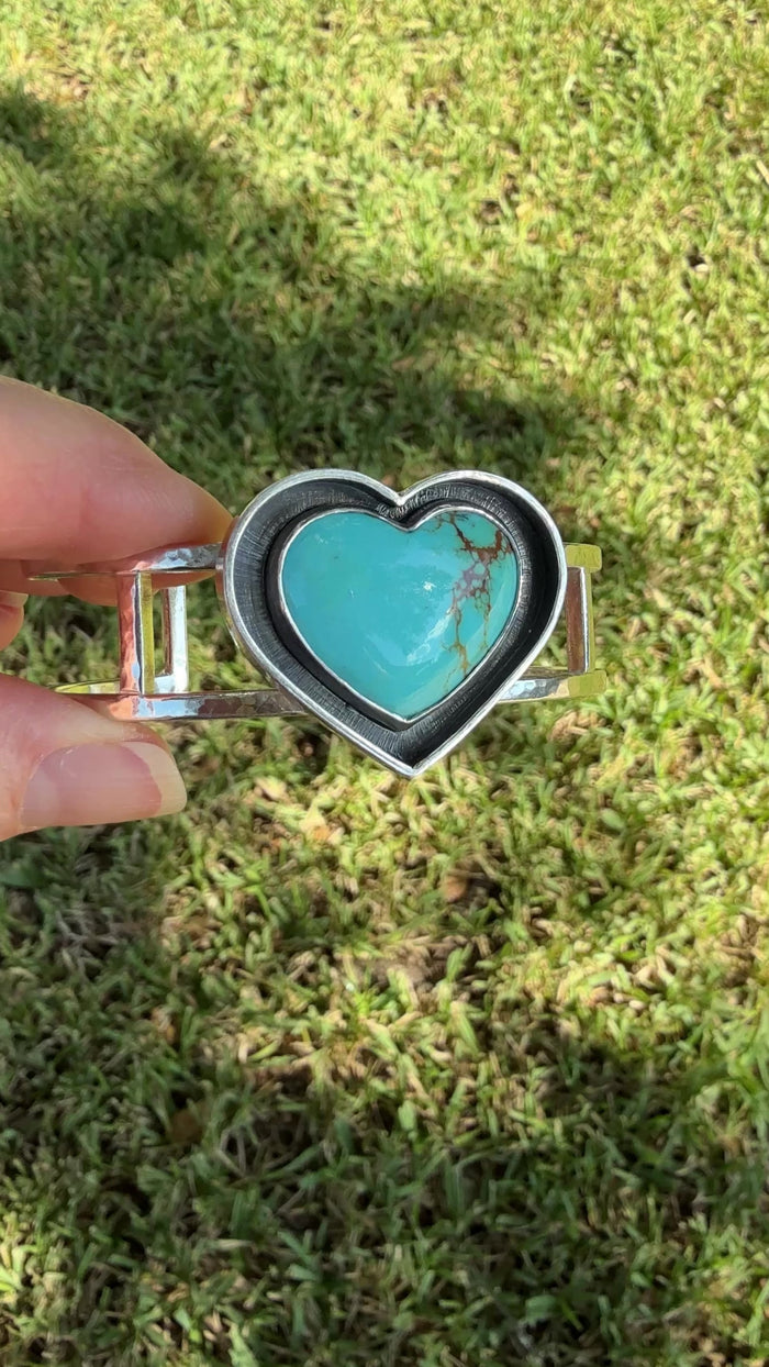 Kingman Turquoise Heart Sterling Silver Cuff Bracelet copyright Chisholm trail designs 2025