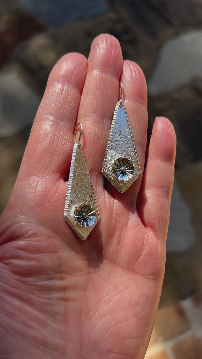 Silver Inverted Kite Earrings with Southwestern Cupped Flower