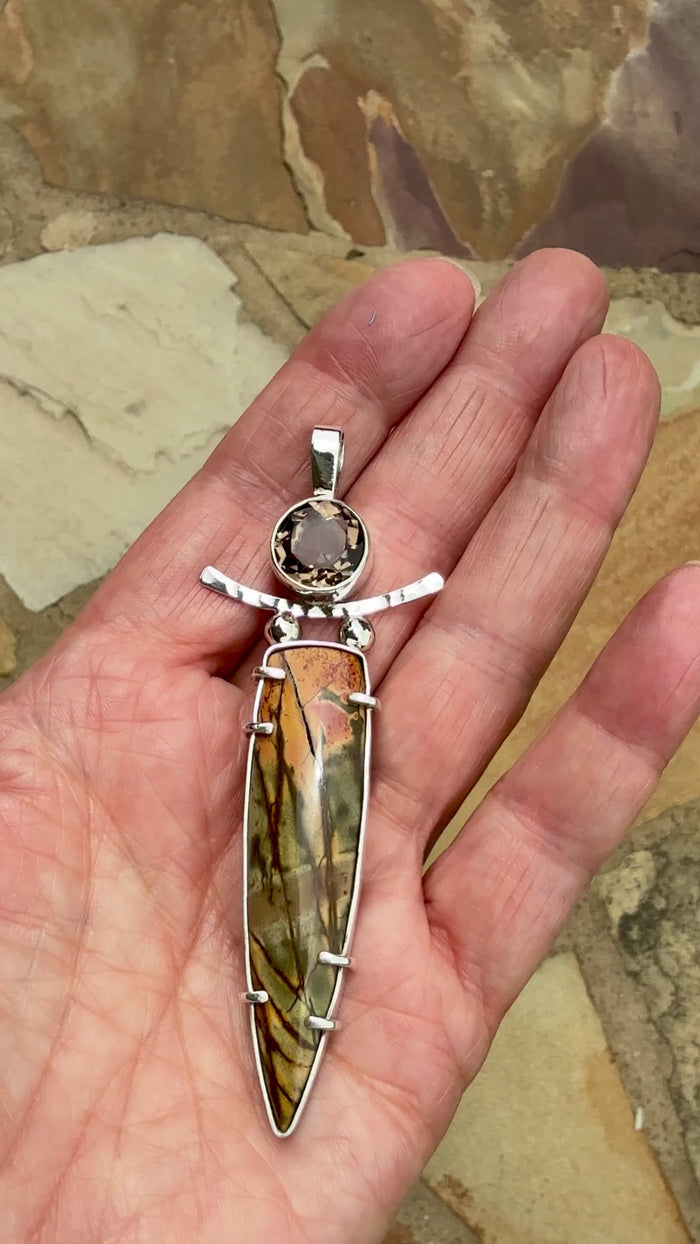 Sterling Sterling Cherry Creek Jasper with 12mm Smokey Quartz Pendant