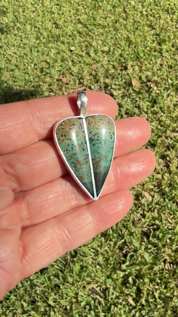 Morning Dew Jasper Split Heart Sterling Silver Pendant copyright chisholm trail designs 2025