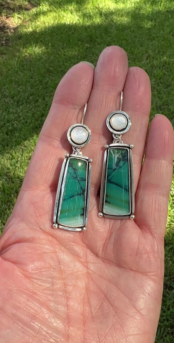 chisholm trail designs Blue Opal Stone with Mother of Pearl Cabochon Dangle Earrings set in Argentium Silver