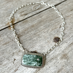 chisholmtraildesigns Argentium Silver Seraphinite Cabochon Necklace with inset Clear Faceted Zircon